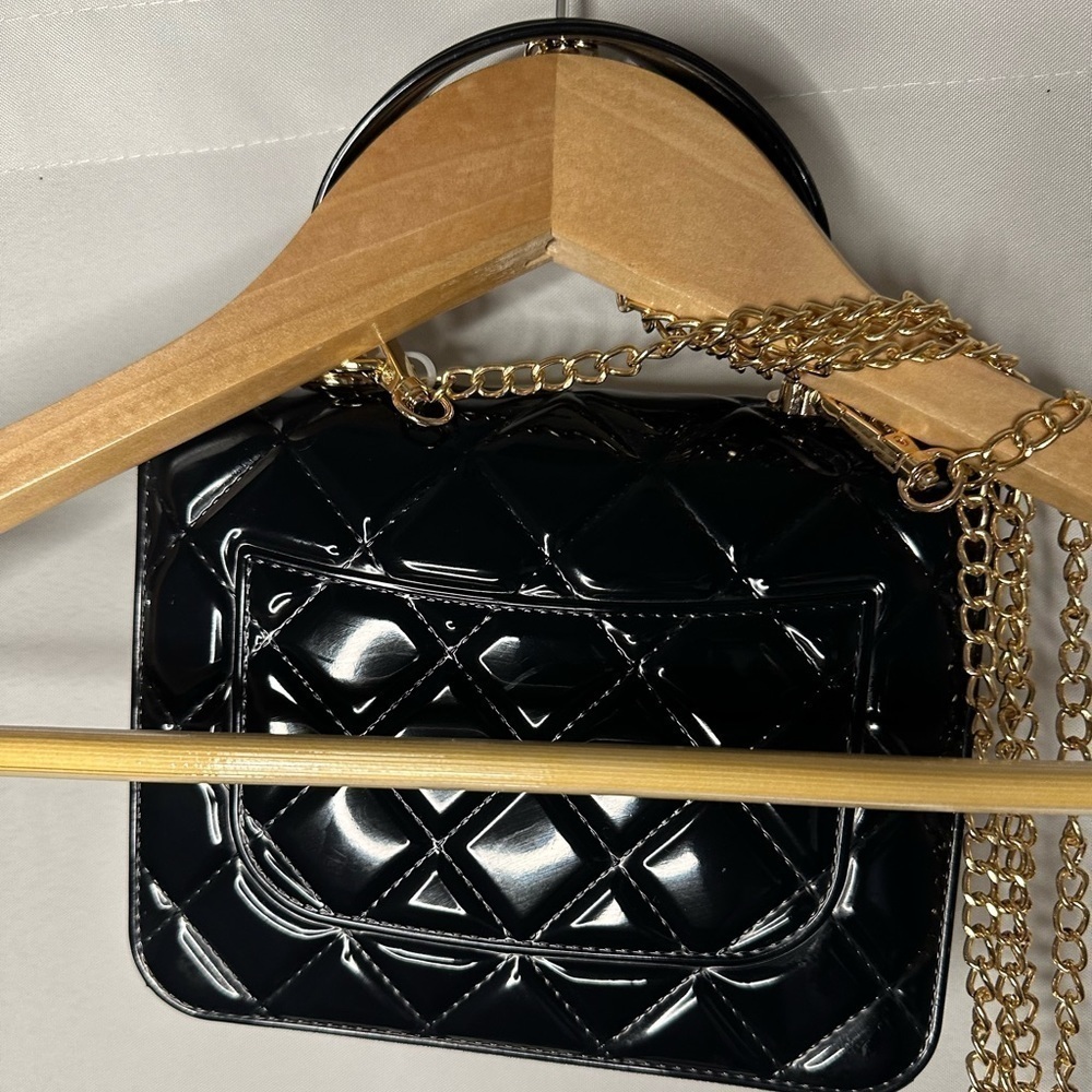 Womens Quilted Black Crossbody Bag Classic Top Handle Chain Link Faux Leather S - Picture 2 of 10